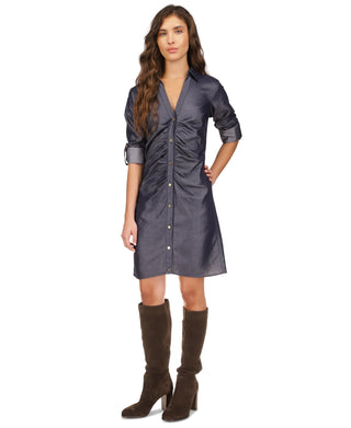 Vestido-camisa feminino Michael Kors com frente franzida e mangas bufantes, azul