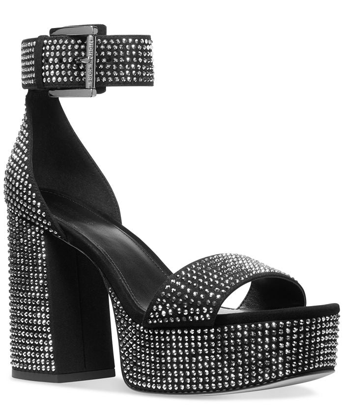 Sandália feminina Michael Kors Tara com plataforma cravejada e tira no tornozelo, preta, tamanho 7,5