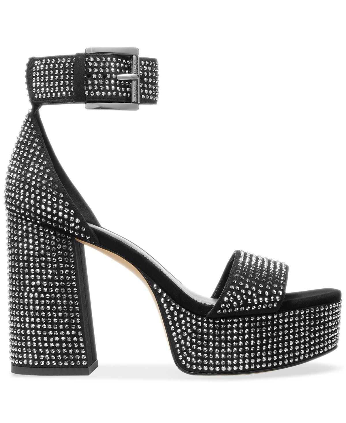Sandália feminina Michael Kors Tara com plataforma cravejada e tira no tornozelo, preta, tamanho 7,5
