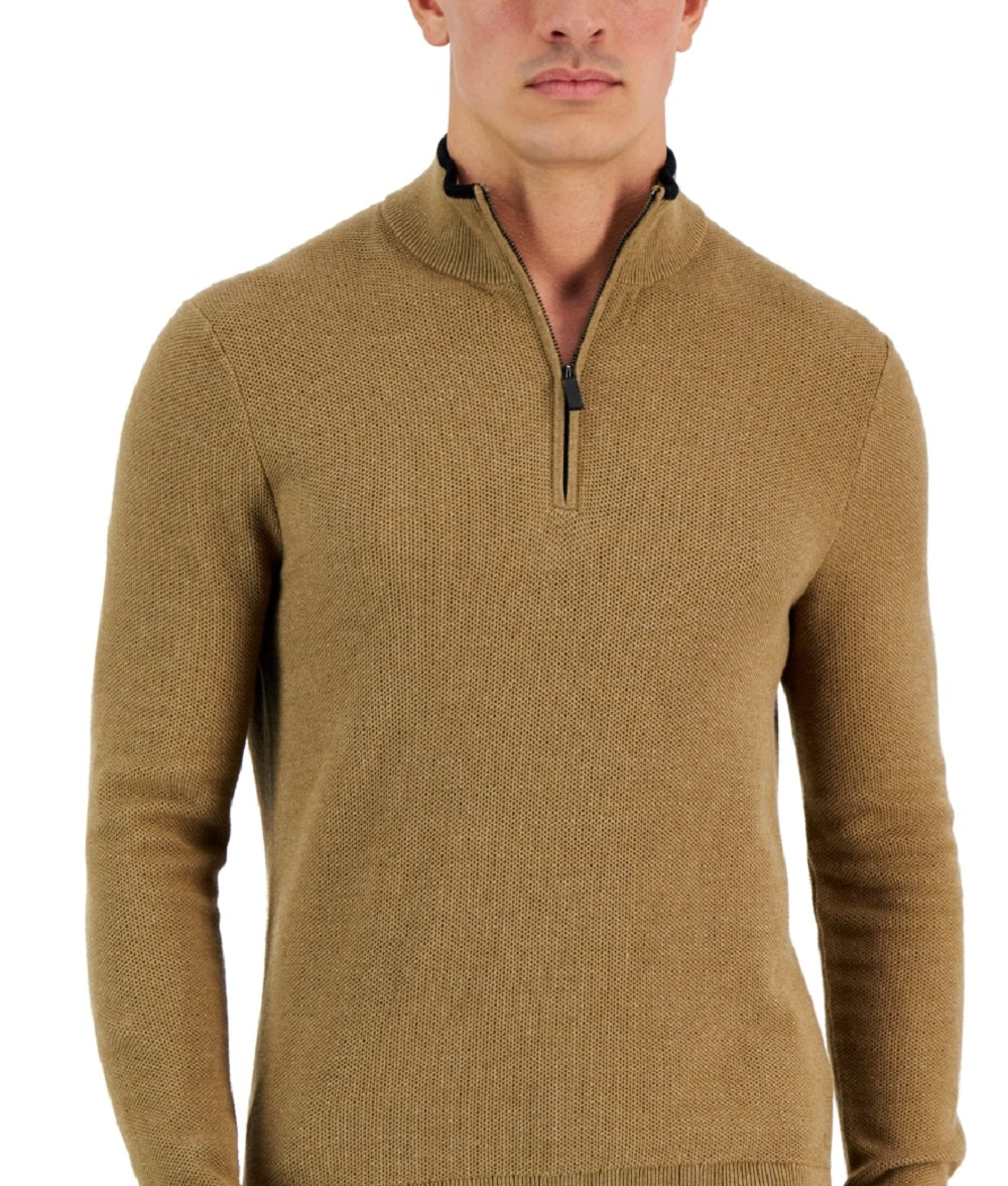 Suéter texturizado masculino Michael Kors com zíper de um quarto, marrom, tamanho grande