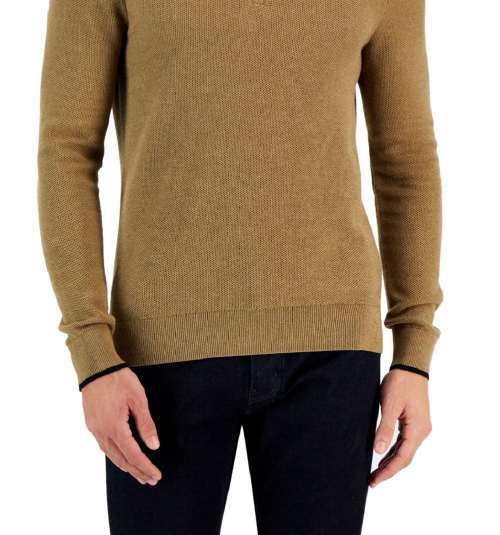 Suéter texturizado masculino Michael Kors com zíper de um quarto, marrom, tamanho grande