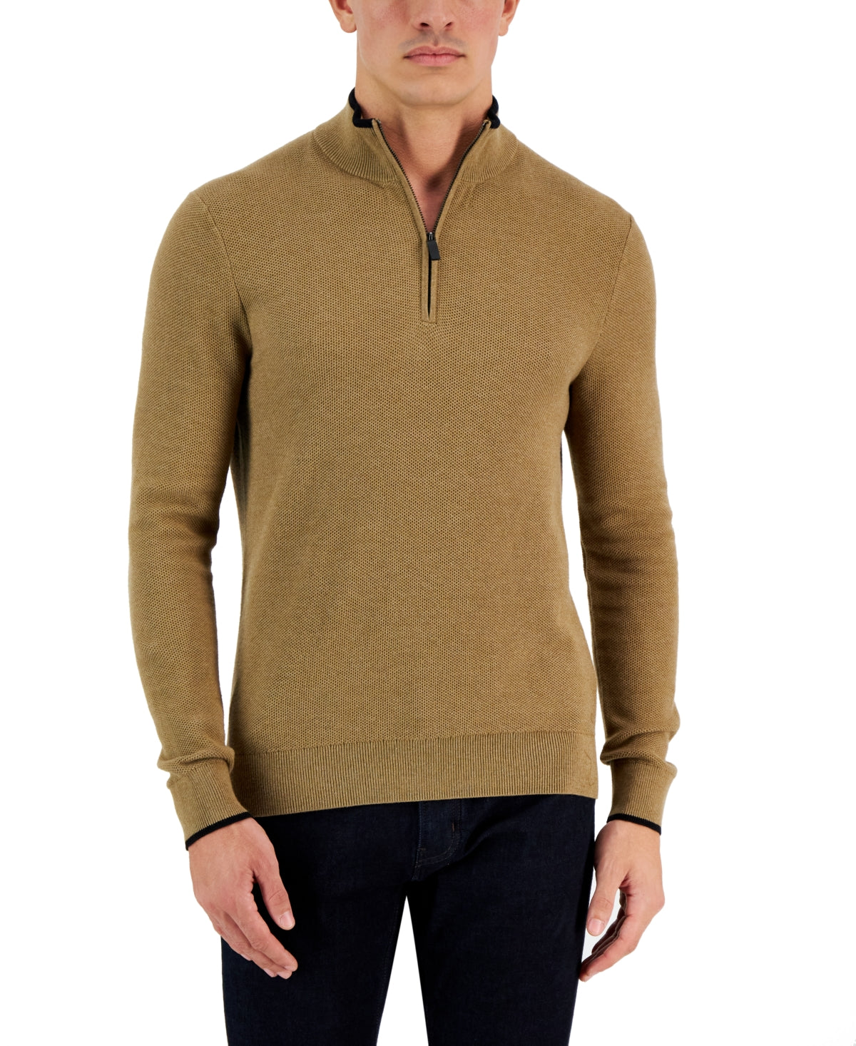 Suéter texturizado masculino Michael Kors com zíper de um quarto, marrom, tamanho grande