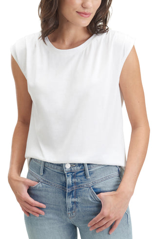 Camiseta feminina Splendid Eco Jersey com ombros plissados, branca, tamanho grande