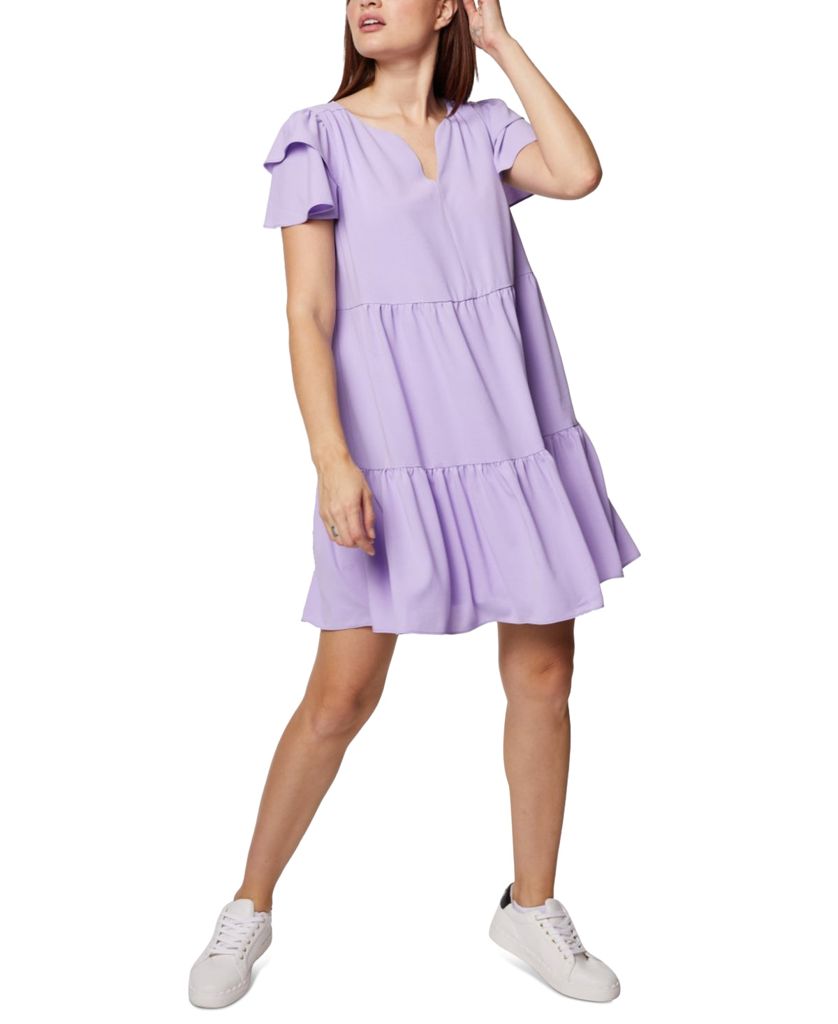 BCBGeneration Vestido curto feminino com mangas franzidas e camadas, roxo, tamanho 14
