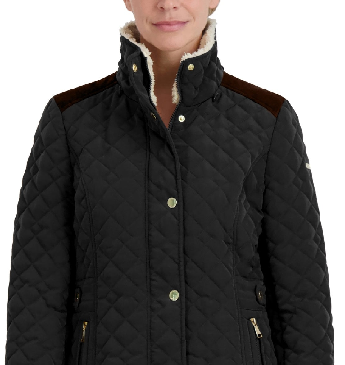 Casaco acolchoado com capuz e forro de pele sintética Laundry By Shelli Segal feminino, preto, tamanho pequeno