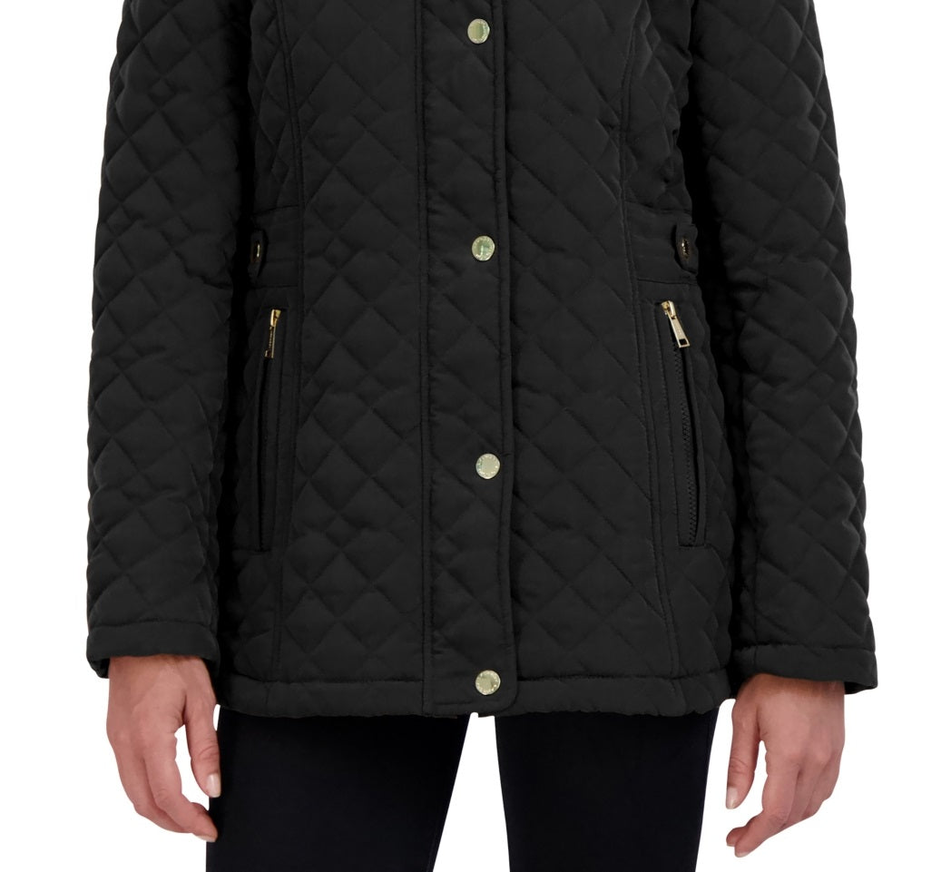 Casaco acolchoado com capuz e forro de pele sintética Laundry By Shelli Segal feminino, preto, tamanho pequeno