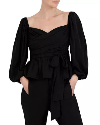 Blusa feminina BCBGeneration com manga balão franzida em jacquard, preta, tamanho X-S