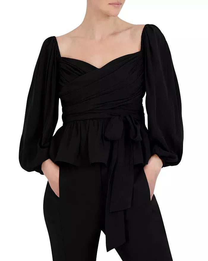 Blusa feminina BCBGeneration com manga balão franzida em jacquard, preta, tamanho XS