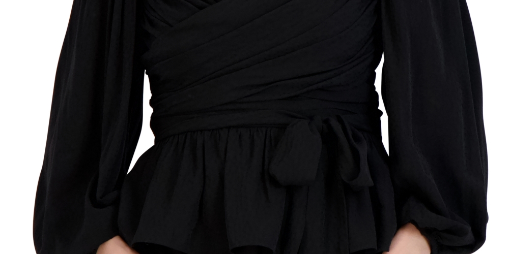 Blusa feminina BCBGeneration com manga balão franzida em jacquard, preta, tamanho X-S