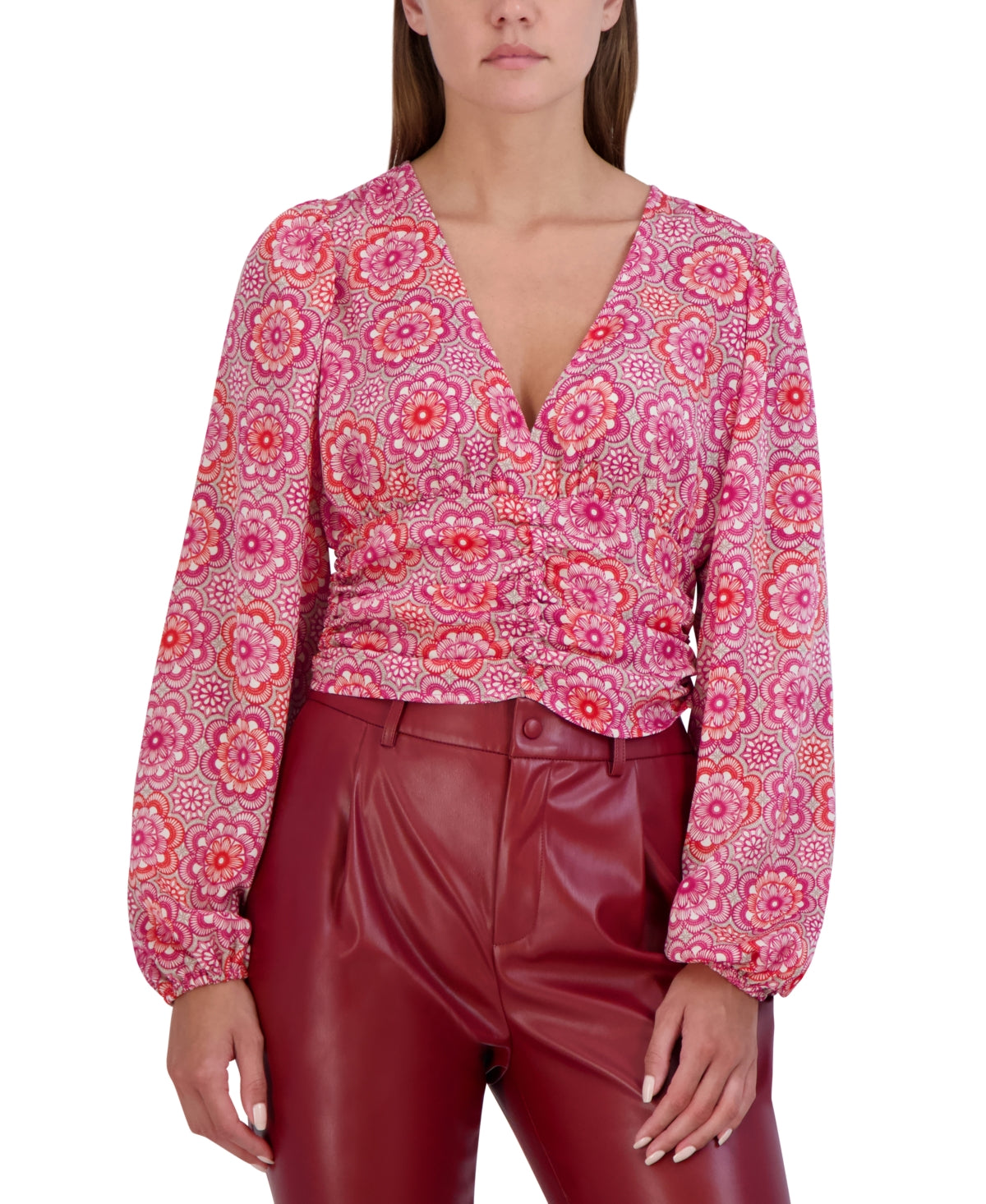 Blusa curta feminina com babados e estampa floral BCBGeneration, rosa, tamanho médio