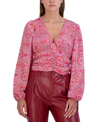 Blusa curta feminina com babados e estampa floral BCBGeneration, rosa, tamanho médio