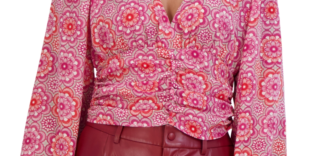Blusa curta feminina com babados e estampa floral BCBGeneration, rosa, tamanho médio