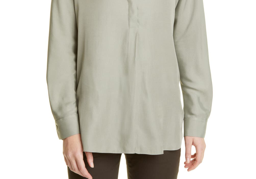 Túnica Vince com decote dividido em seda mista, cor musgo, tamanho extrapequeno