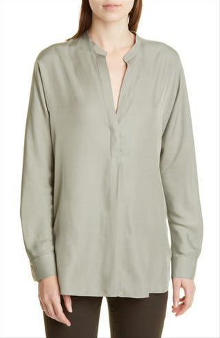 Vince Split Neck Silk Blend Tunic in Moss , Size X-Small