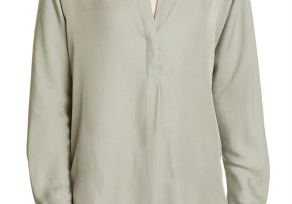 Túnica Vince com decote dividido em seda mista, cor musgo, tamanho extrapequeno