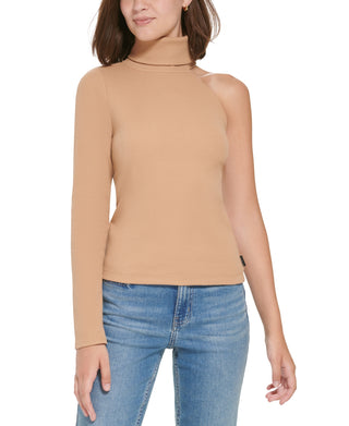 Calvin Klein Jeans Blusa feminina de gola alta com um ombro só, marrom, tamanho extragrande