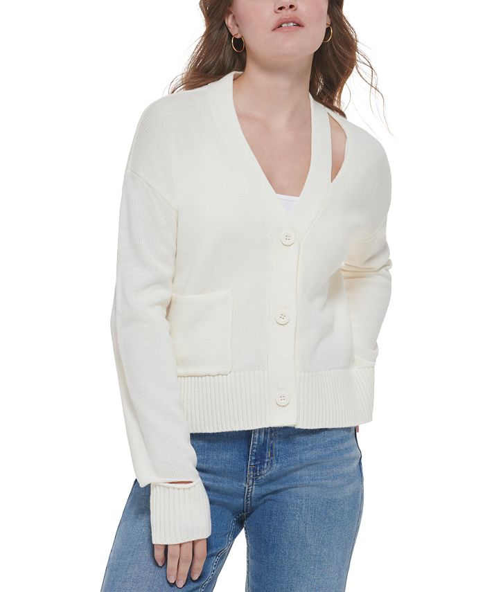 Calvin Klein Cardigan Feminino com Decote em V e Recorte, Branco, Tamanho Grande