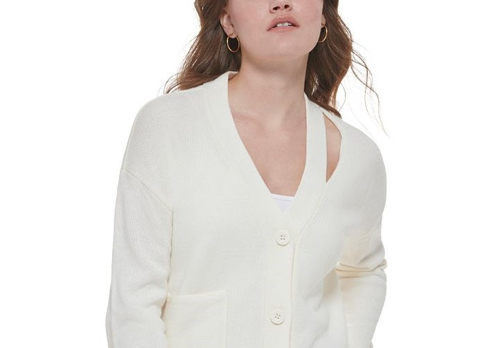 Calvin Klein Cardigan Feminino com Decote em V e Recorte, Branco, Tamanho Grande