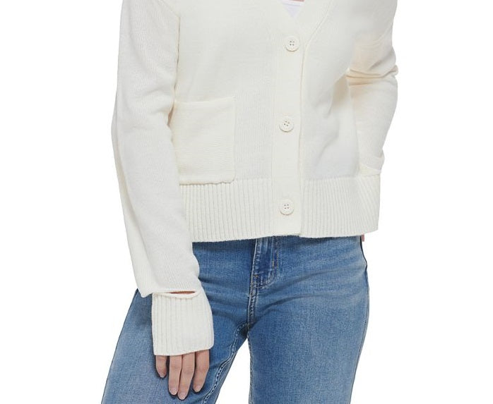 Calvin Klein Cardigan Feminino com Decote em V e Recorte, Branco, Tamanho Grande