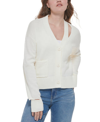 Calvin Klein Jeans Cardigan Feminino com Recorte e Gola V Branco Tamanho P
