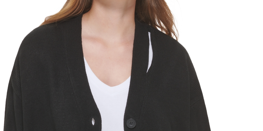 Cardigan feminino Calvin Klein com recorte e decote em V, preto, tamanho médio