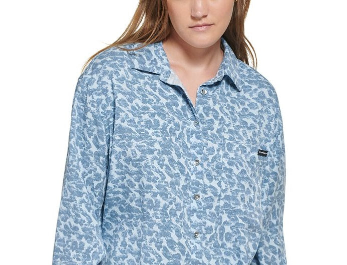 Calvin Klein Jeans Camisa Boyfriend Feminina Manga Longa Estampa Animal Cinza Tamanho Médio