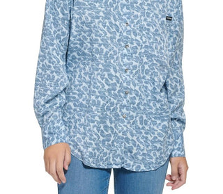 Camisa Boyfriend Calvin Klein Feminina Manga Longa Estampa Animal Azul Tamanho Médio