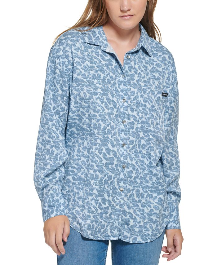 Calvin Klein Jeans Camisa Boyfriend Feminina Manga Longa Estampa Animal Cinza Tamanho Médio
