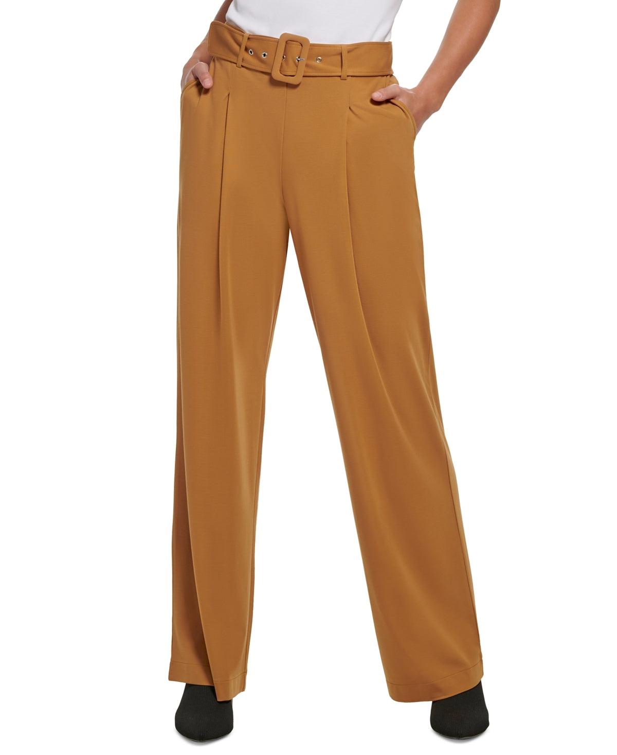 Calça Calvin Klein Feminina Cintura Alta com Cinto Ponte Marrom Tamanho Grande