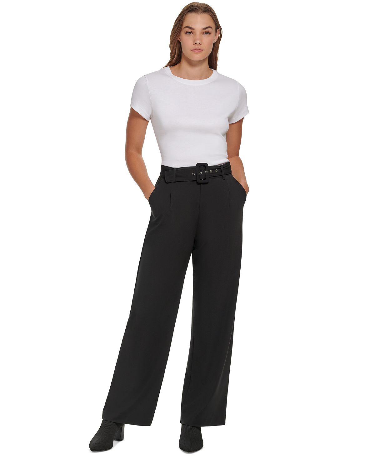 Calça Calvin Klein Feminina Cintura Alta com Cinto Ponte Preta Tamanho Grande