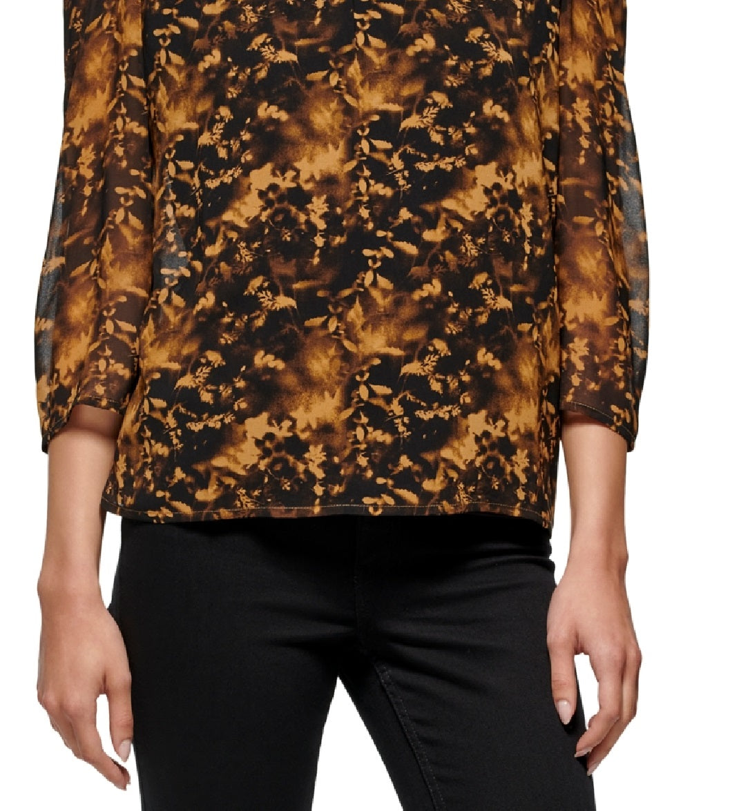 Blusa Calvin Klein Feminina Manga Longa Estampada Ombros Bufantes Preta Tamanho Médio