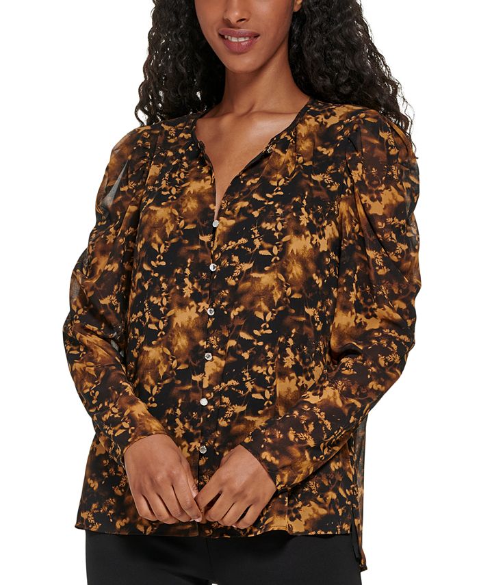 Blusa Calvin Klein Feminina Manga Longa Estampada Ombros Bufantes Preta Tamanho Grande