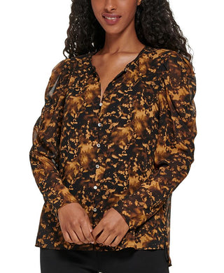 Blusa Calvin Klein Feminina Manga Longa Estampada Ombros Bufantes Preta Tamanho Grande