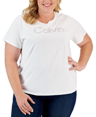 Camiseta Calvin Klein Feminina Manga Curta com Logo Embelezado, Branca, Tamanho a Definir
