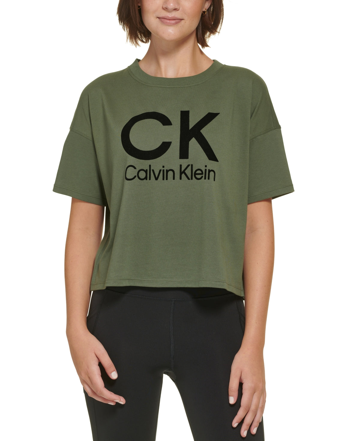 Camiseta Calvin Klein Feminina de Algodão com Estampa de Logotipo Flocado e Manga Curta Verde Tamanho Grande