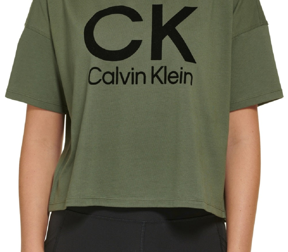 Camiseta Calvin Klein Feminina de Algodão com Estampa de Logotipo Flocado e Manga Curta Verde Tamanho Grande