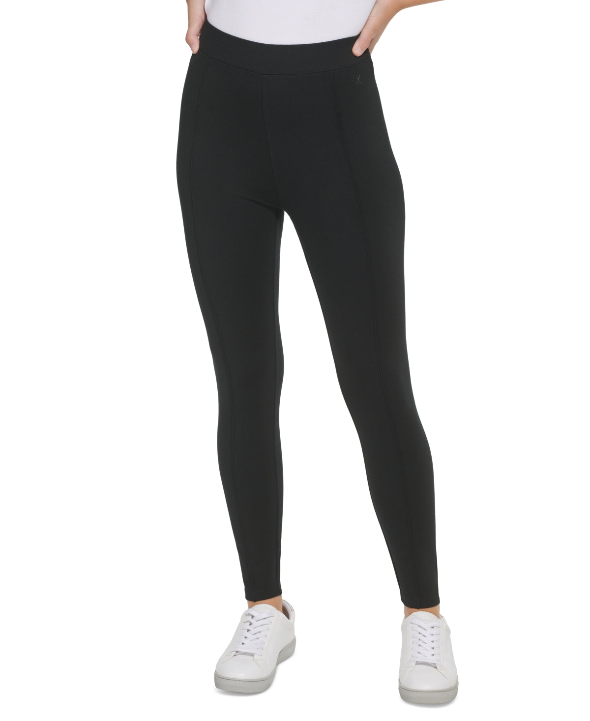 Calça legging feminina Calvin Klein com costura franzida e comprimento total, preta, tamanho pequeno