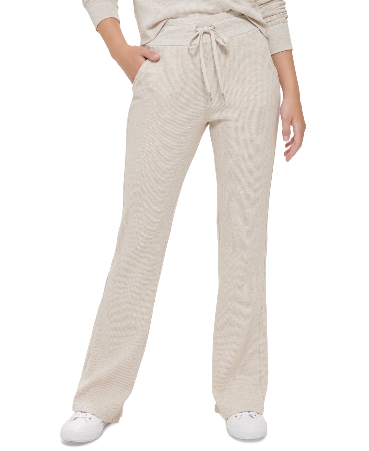 Calça flare feminina Calvin Klein cintura alta com cordão, bege, tamanho grande