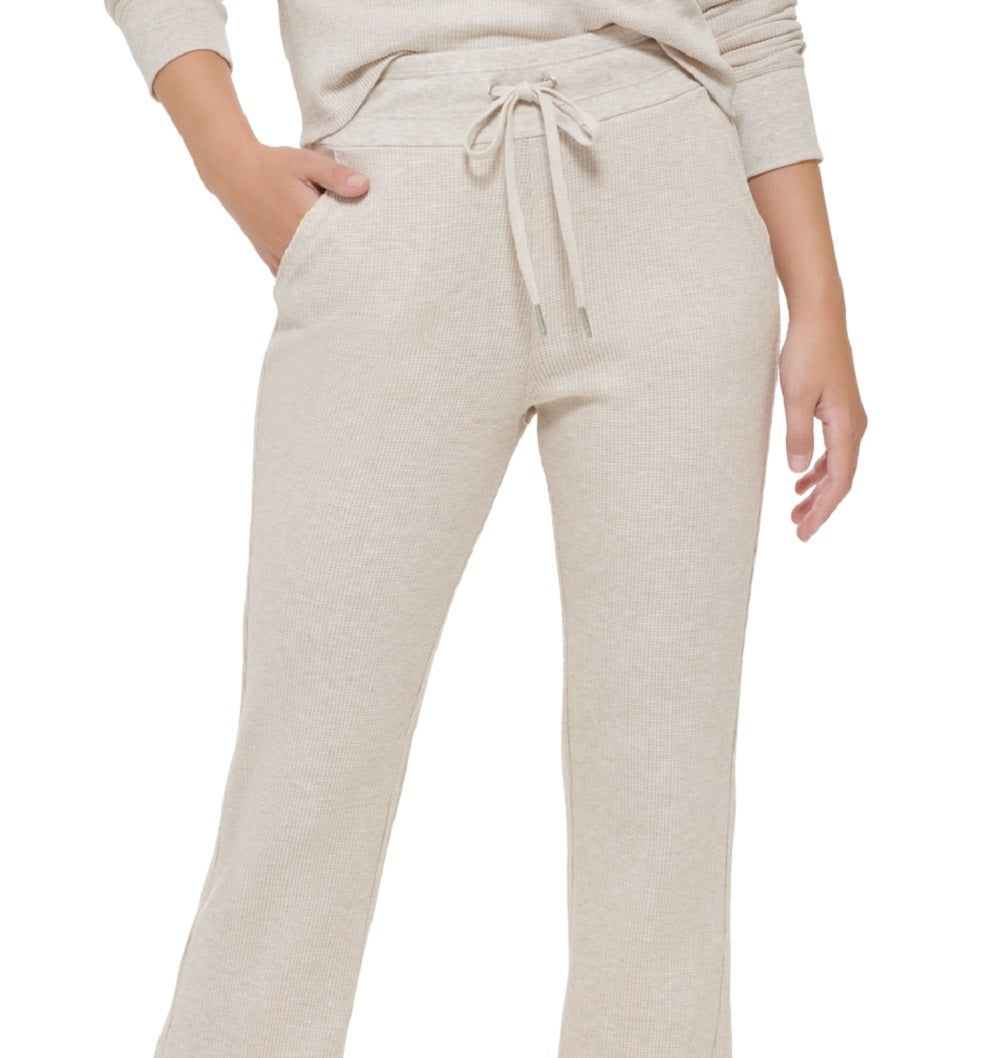 Calça flare feminina Calvin Klein cintura alta com cordão, bege, tamanho grande