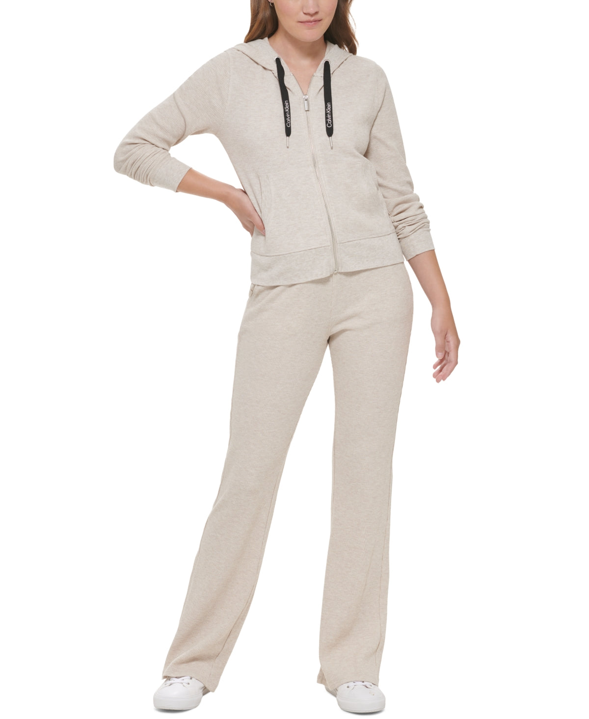 Calvin Klein Performance Moletom com capuz térmico feminino com zíper bege tamanho M