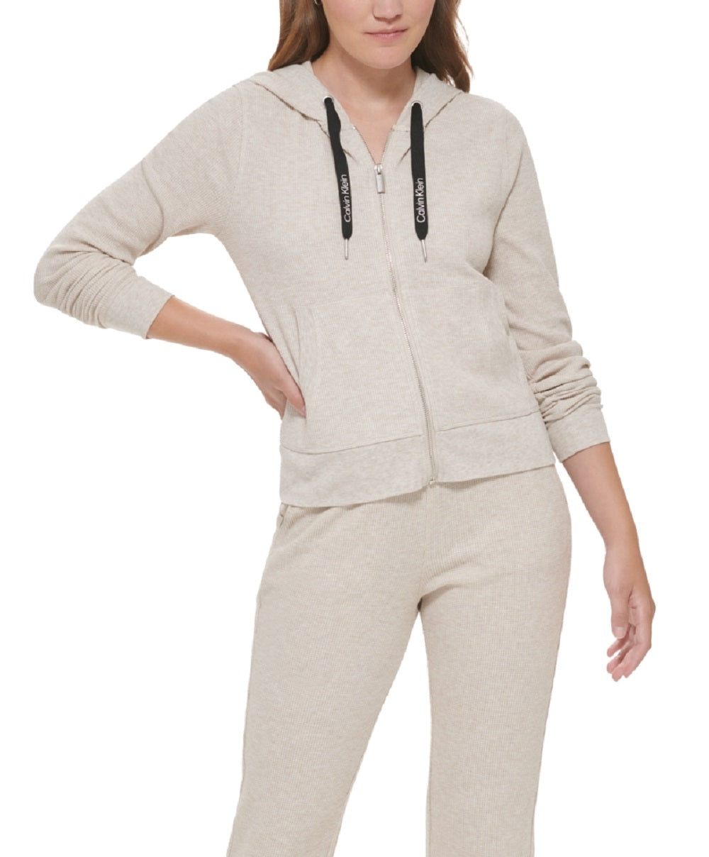 Calvin Klein Performance Moletom com capuz térmico feminino com zíper bege tamanho M