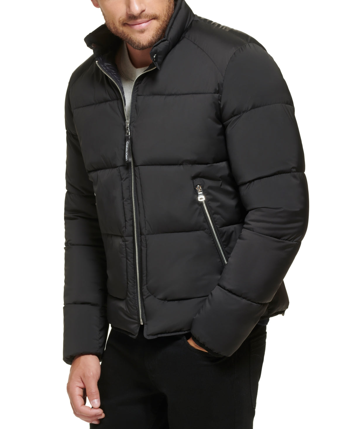 Jaqueta de motociclista Calvin Klein masculina elástica de peso médio, preta, tamanho grande