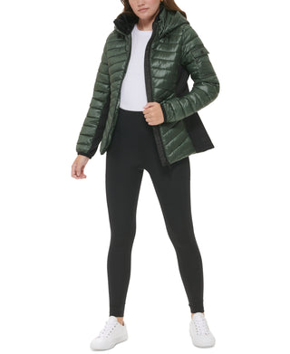 Calvin Klein Women's Hooded Mixed Media Puffer Jacket Green Size Medium