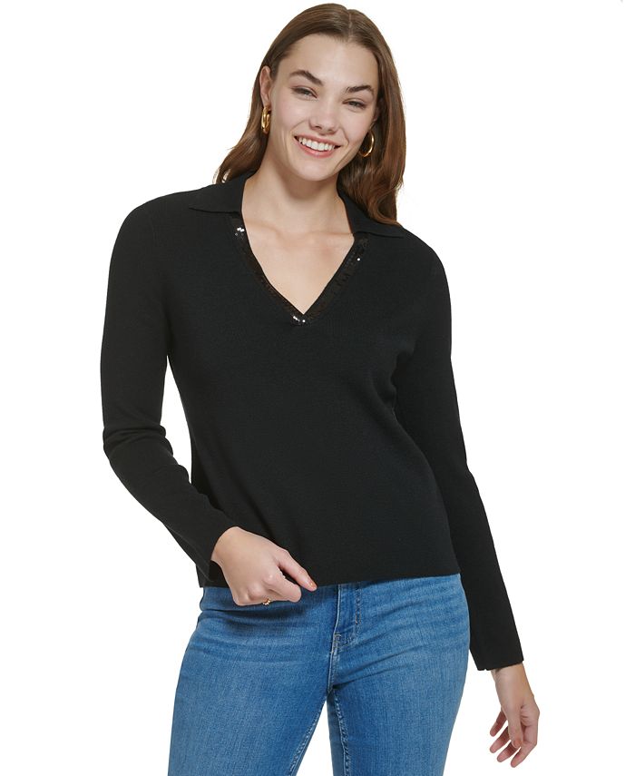 Suéter Calvin Klein Feminino Gola V com Acabamento em Lantejoulas Preto Tamanho Médio