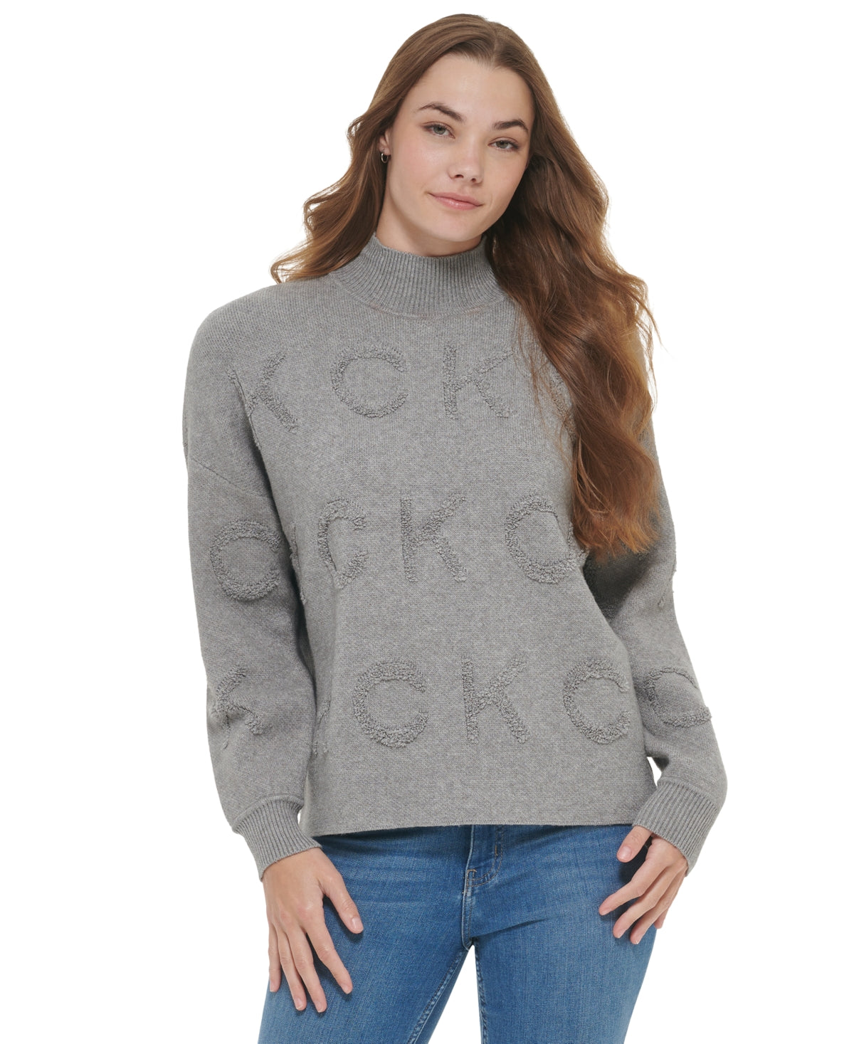 Suéter Calvin Klein Feminino com Logo Tonal e Gola Redonda Cinza Tamanho Médio