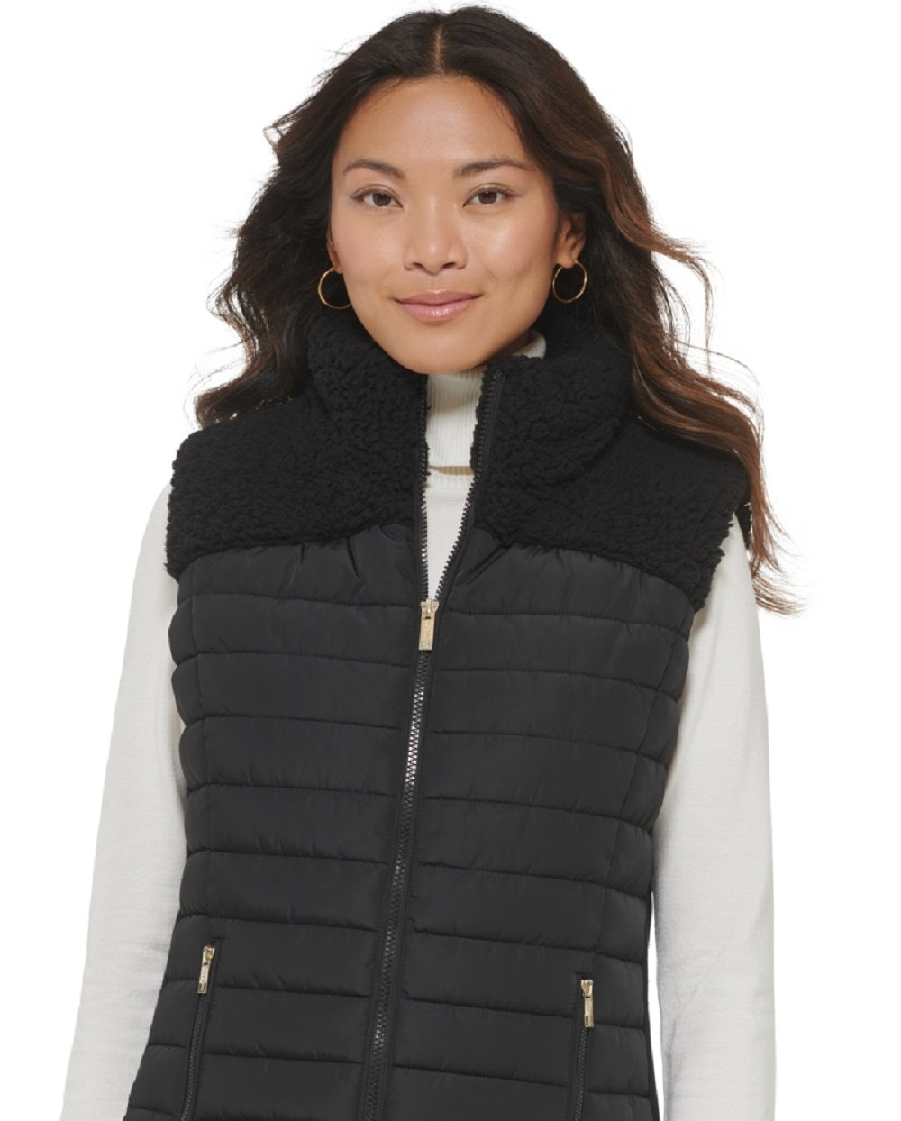 Colete Puffer Calvin Klein Feminino Sherpa Trim Preto Tamanho Grande