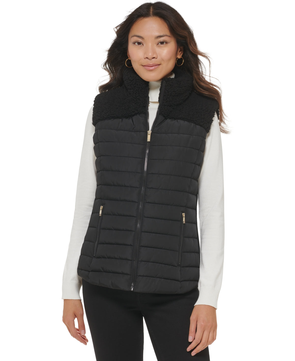 Colete Puffer Calvin Klein Feminino Sherpa Trim Preto Tamanho Grande