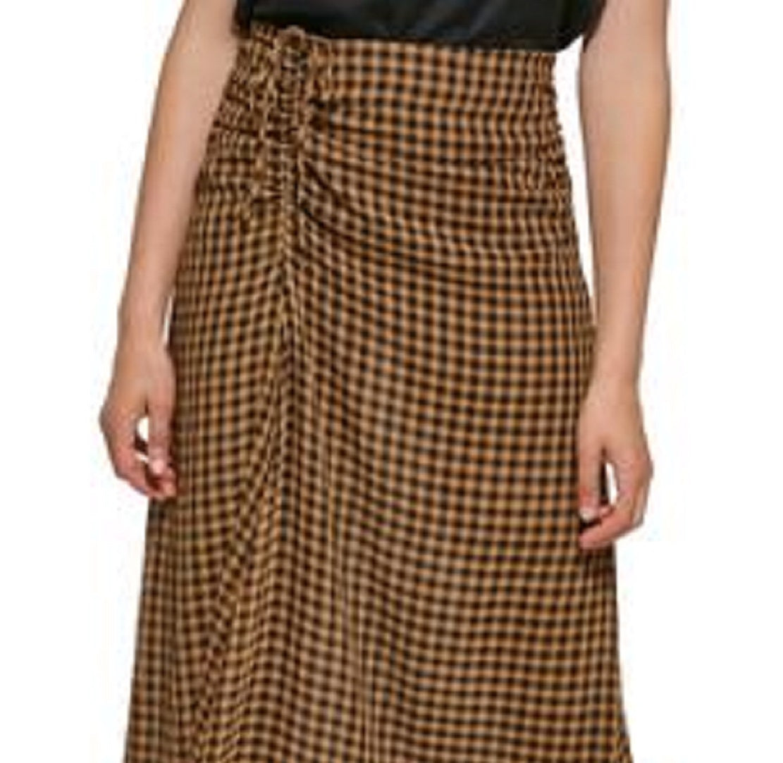 Saia midi feminina Calvin Klein com estampa xadrez, marrom, tamanho 2