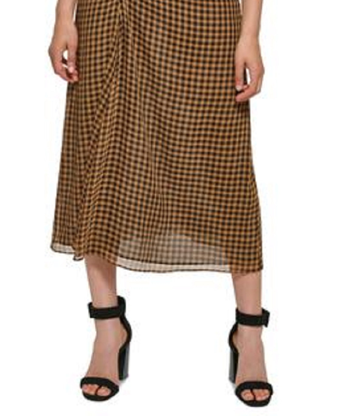 Saia midi feminina Calvin Klein com estampa xadrez, marrom, tamanho 2