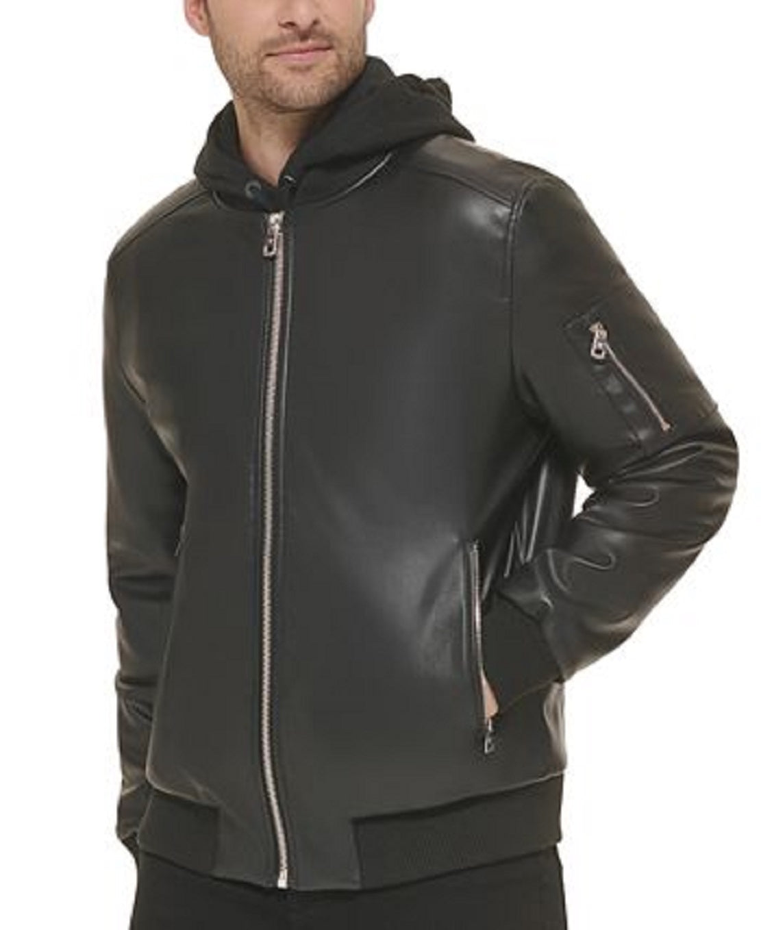 Jaqueta bomber masculina Calvin Klein de couro sintético, preta, tamanho médio
